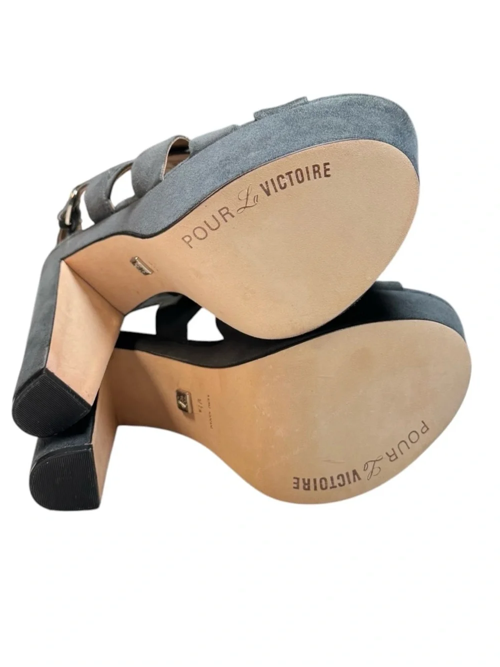 POUR LA VICTOIRE Women's Blue Gray Kid Suede Platform Heels Sandals Size 9.5
